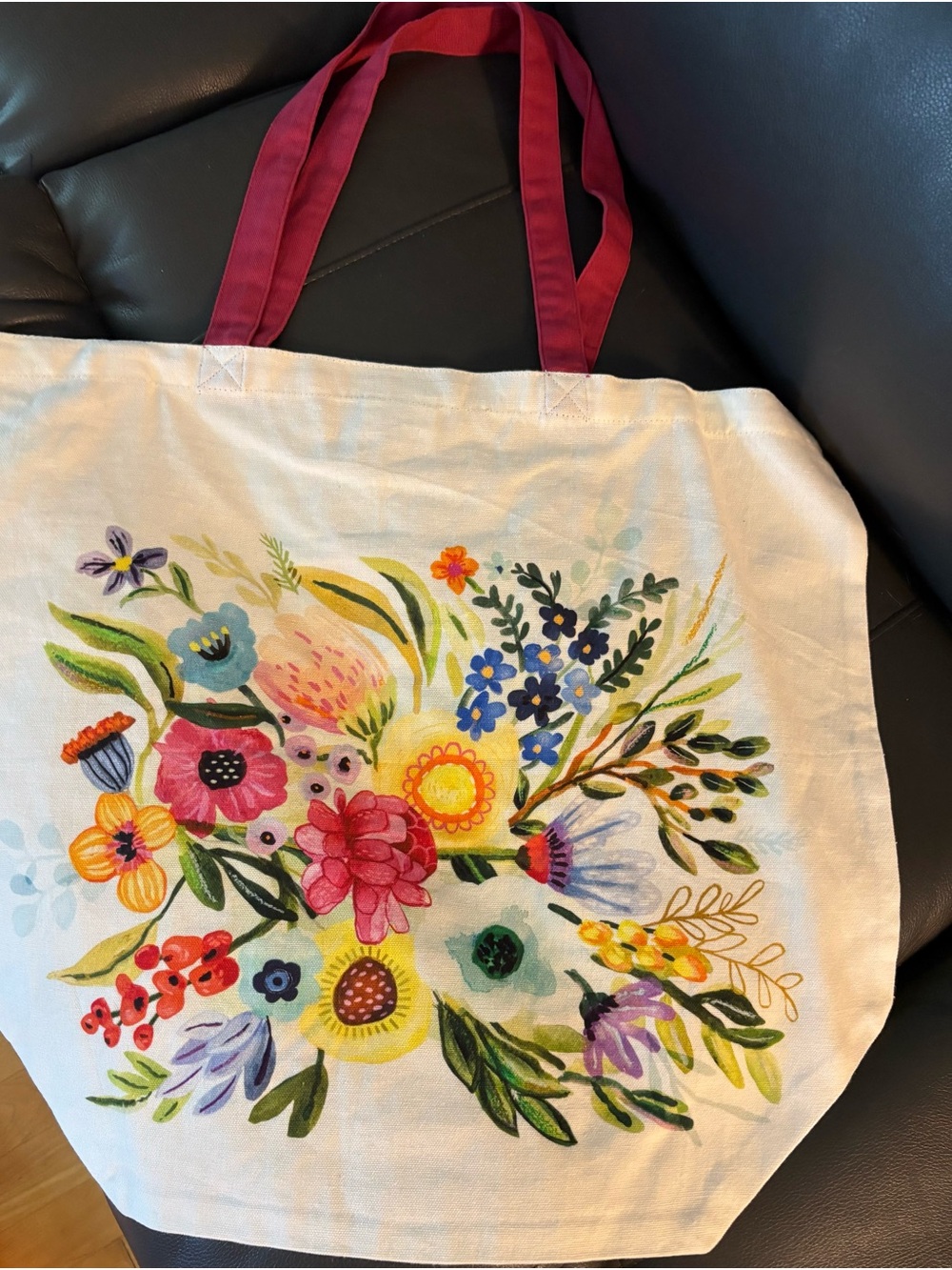 Canvas Floral appliqué, and embroidery Tote Bag with Pink Handles NEW